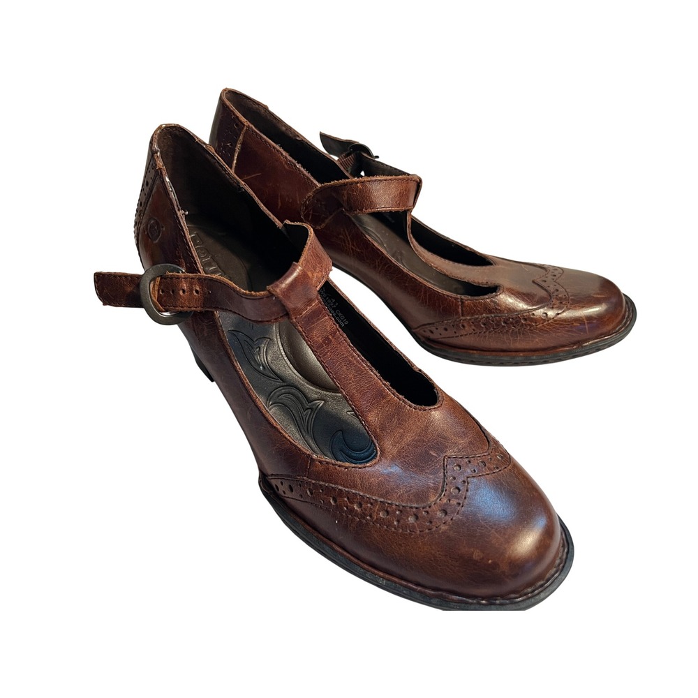 Vintage Y2K Born Polyana Brown Leather Mary Jane Oxford Heels SZ9.5 Wingtip